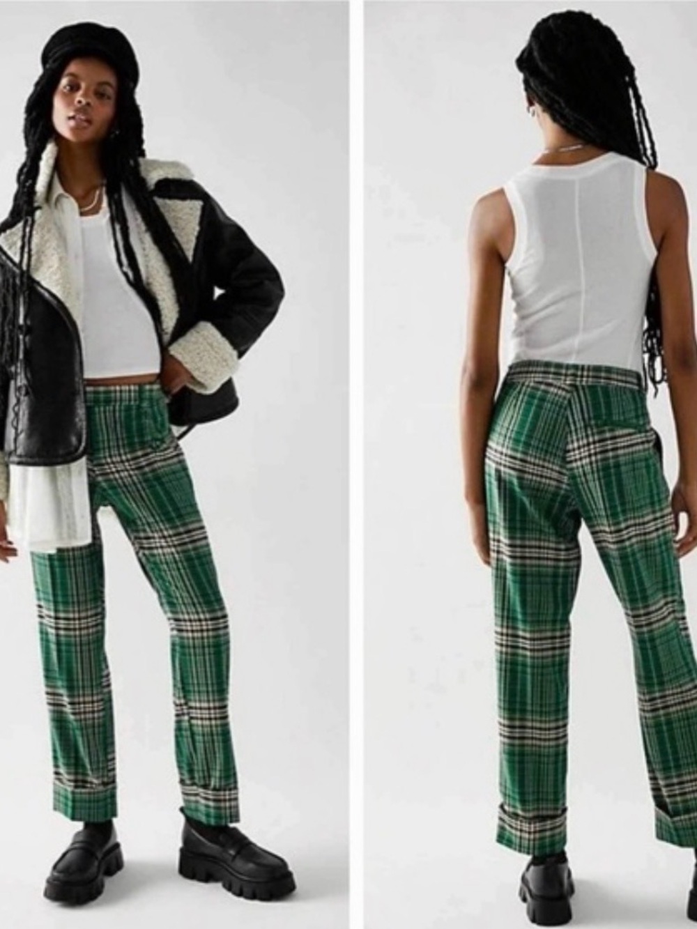 Free People Acadia Green Plaid Straight-leg Pants with a Cuffed Hem